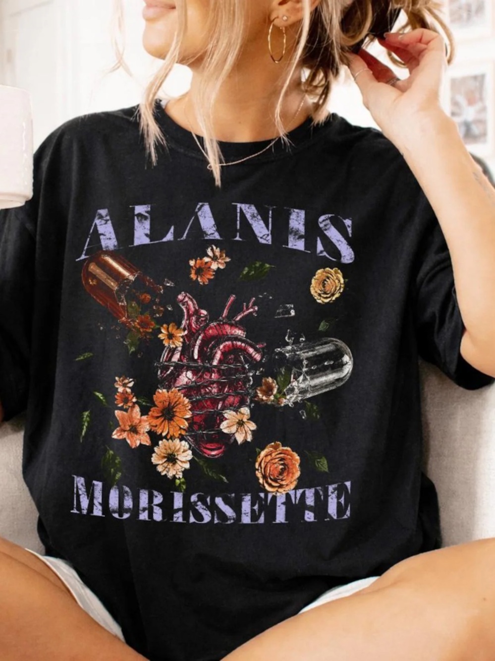 Comfort Colors Black Alanis Morissette Graphic Tee with Floral Heart